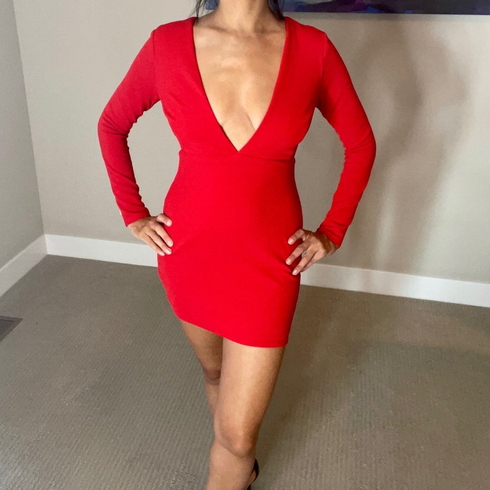 Red Mini Dress - long sleeve with deep v neck